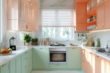 Contemporary Kitchen Interior with Pastel Green Cabinets and Marble Countertop