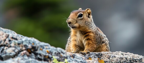 Curious small squirrel perching on a rugged rock in the wilderness