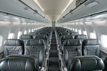Commercial Airplane Cabin Interior with Rows of Black Leather Seats