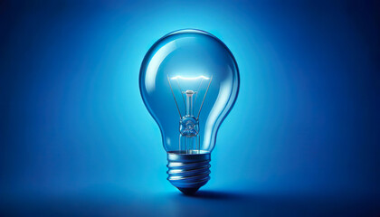 A glowing light bulb radiates brilliance against a serene blue background