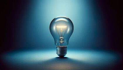 A glowing light bulb radiates brilliance against a serene blue background - 752546320