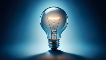 A glowing light bulb radiates brilliance against a serene blue background - 752546378