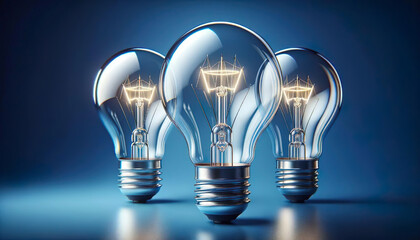 Three glowing light bulbs radiates brilliance against a serene blue background - 752546380