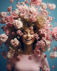 Happy, smiling, and satisfied girl surrounded by fresh blooming spring flowers around her, with warm, gentle colors in the style of feminine satisfaction.