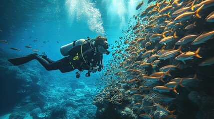 Scuba diver and a school of fish in the Sea