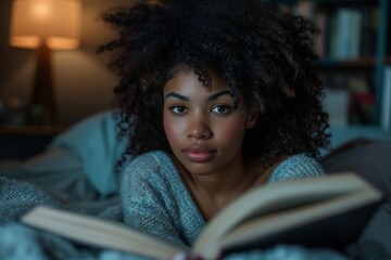 Beautiful African woman lying on the bed with a book in her hands