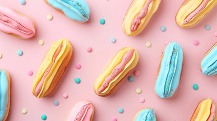 Fototapeta premium assorted colorful eclairs arranged on pastel pink background with candy decorations