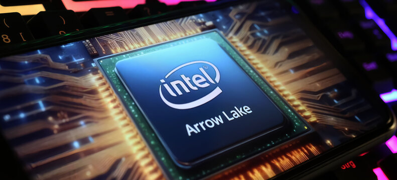 Viersen, Germany - March 1. 2024: Closeup of smartphone screen with logo lettering of Intel arrow lake CPU on computer keyboard