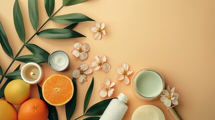 a flat lay photo of wellness aroma spa essentials, set against a template background, offering ample space for text or branding.