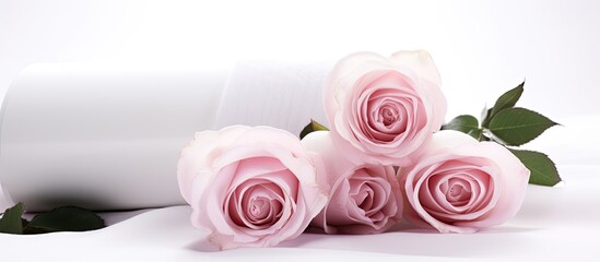 Three pink roses are displayed next to a roll of toilet paper, isolated on a white background. The focus is on the beauty of the roses contrasting with the practicality of the toilet paper.