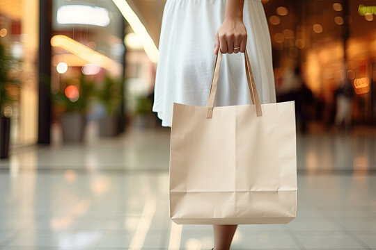 Cropped view woman holding a blank tote shopping bag in the shopping mall, closeup. Shopping concept. Mock-up for design. Blank template.