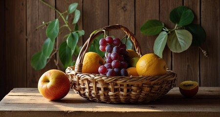 Illustrate a scene where a lusciously arranged fruit basket sits on a rustic wooden table against a backdrop of soft natural light. Capture the details of the basket weave-AI Generative
