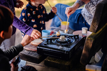 Children gather around a portable camp stove, joyfully roasting marshmallows, sharing a moment of delight and family bonding in nature