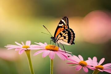 Fototapeta premium butterfly on a flower, blurred background, macro photography created with generative ai technology