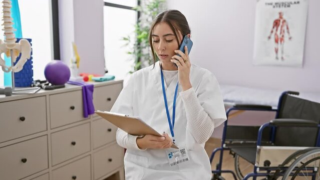 A young hispanic woman in a clinic wears a lab coat, talks on a phone while holding clipboard, near a wheelchair.