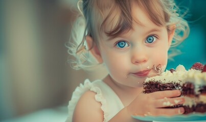 portrait of a little girl holding a ice of cake in her hands.  - obrazy, fototapety, plakaty