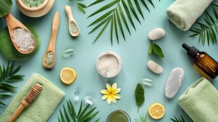 a flat lay photo of wellness aroma spa essentials, set against a template background, offering ample space for text or branding.