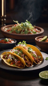Tacos in restaurant style, beautifully decorated with details.