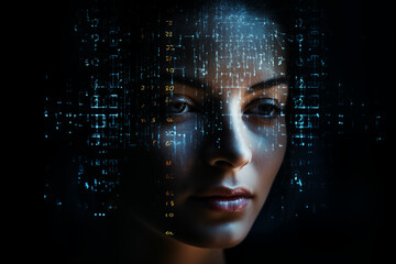 closeup portrait of woman with double exposure, science and ai concept