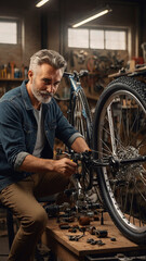 Fototapeta na wymiar bicycle workshop, mature young man fixing a bicycle.
