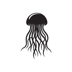 Fluid Tranquility: Vector Jellyfish Silhouette - Capturing the Graceful Movement and Ethereal Beauty of Underwater Life. Minimalist black vector illustration.