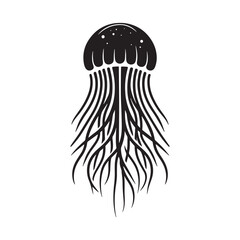 Fluid Tranquility: Vector Jellyfish Silhouette - Capturing the Graceful Movement and Ethereal Beauty of Underwater Life. Minimalist black vector illustration. - obrazy, fototapety, plakaty