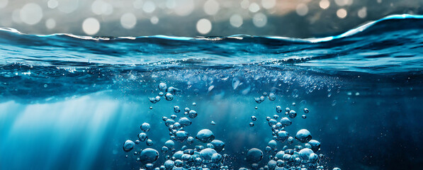 Water splashes in ocean sea underwater blue background.