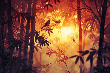 A bamboo forest at dawn. The sun rises, casting warm light through the leaves.