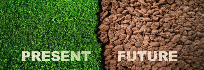 Grass and dry ground soil environmental impact and  global warming at present and in the future.  - obrazy, fototapety, plakaty