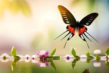 Fototapeta premium butterfly on a flower, blurred background, macro photography created with generative ai technology