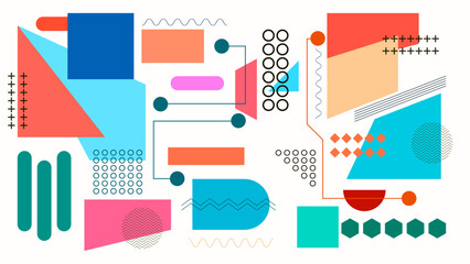 Obraz premium ABSTRACT BACKGROUND WITH GEOMETRIC SHAPES PASTEL FLAT COLOR VECTOR MEMPHIS DESIGN TEMPLATE FOR WALLPAPER, COVER DESIGN, HOMEPAGE DESIGN