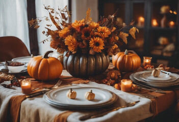 Autumn table setting with pumpkins and flowers for celebration Thanksgiving day halloween table decoration