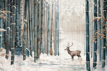 A bamboo forest in winter. Snow blankets the ground, and icicles hang from the branches.