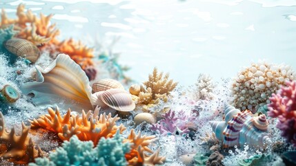 coral reef, shells, sponges, and turquoise water against a white background, invoking the mystical allure of Norse mythology.