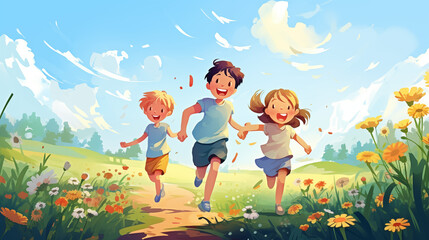  happy children are running through the meadow. 