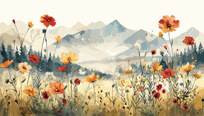 Naklejka premium Watercolor Wildflower Meadows, watercolor flowers, wildflower pattern, meadow landscape design vector illustration background