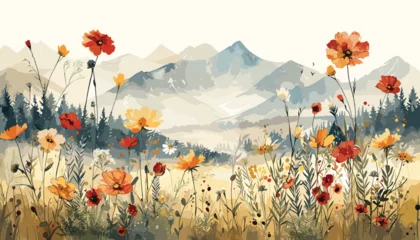 Fotobehang Watercolor Wildflower Meadows, watercolor flowers, wildflower pattern, meadow landscape design vector illustration background © gfx_nazim