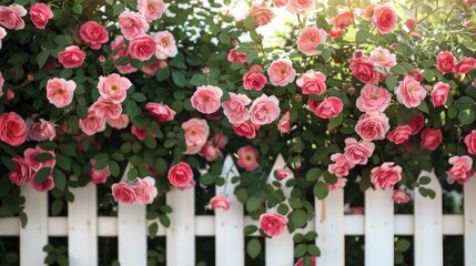 Fototapeta na wymiar bushes of tender, blooming roses lining a white picket fence.
