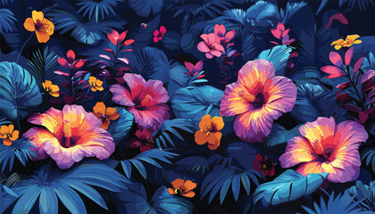 Fototapeta na wymiar Neon Jungle Florals, neon colors, jungle theme, vibrant floral ecosystem vector illustration background