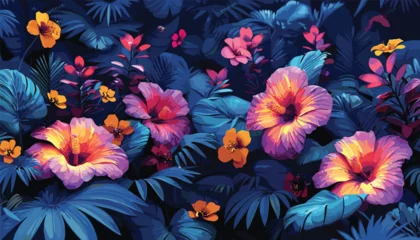 Foto op Plexiglas Neon Jungle Florals, neon colors, jungle theme, vibrant floral ecosystem vector illustration background © gfx_nazim