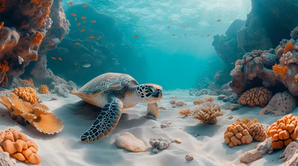 Foto op Plexiglas anti-reflex Green sea turtle swimming peacefully along the seafloor in the shallow waters just off the beach on a sunny day © rjankovsky