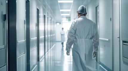 Fototapeta premium Silhouette of a doctor walking in a hurry in the hospital corridor