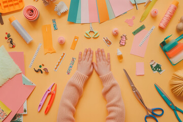 A child's hand is on a table with a variety of art supplies, including scissors, pencils, and markers. Concept of creativity and playfulness, as the child is surrounded by tools for making art.  - obrazy, fototapety, plakaty