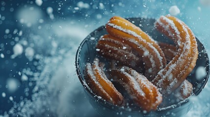 Miska wypełniona churrosami  posypanymi grubo cukrem, umieszczona na stole. Atmosfera jest przyjemna i kusząca dla miłośników słodkości.