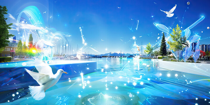 Waterfront Wonderland: A Picturesque Harbor Frontage Boasts Stunning Views of Sailboats, Skyscrapers, and Seagulls. Frutiger Aero Aesthetic. Vivid