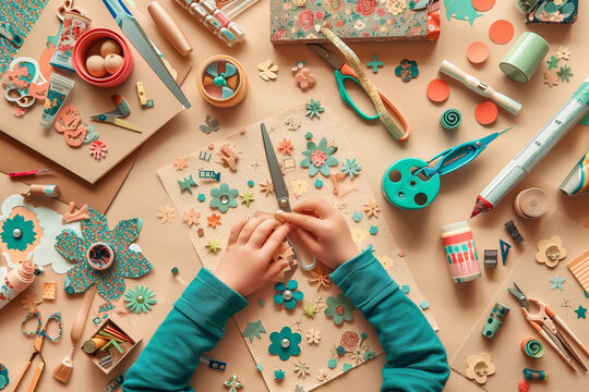 A child's hand is on a table with a variety of art supplies, including scissors, pencils, and markers. Concept of creativity and playfulness, as the child is surrounded by tools for making art. 