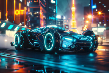 A futuristic car with neon lights on the wheels and a shiny black body. The car is surrounded by a...