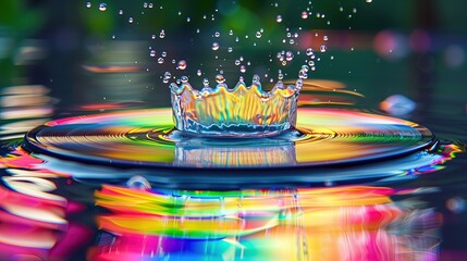 Na obrazie widzimy kroplę wody złożoną z koroną na jej szczycie, co tworzy interesujący kontrast między delikatnymi kroplami a majestatyczną koroną. Światło daje kolory tęczy na wodzie.