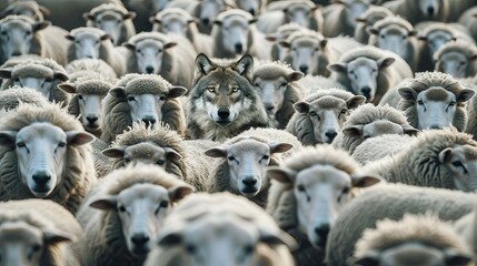 Wolf in sheep's clothing hiding among a flock of sheep.Concept photo of those playing a role contrary to their real character with whom contact is dangerous. AI generated illustration