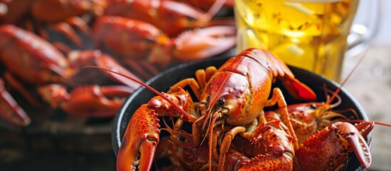 Delicious bowl of freshly cooked lobsters served with an ice-cold beer on a rustic table - obrazy, fototapety, plakaty